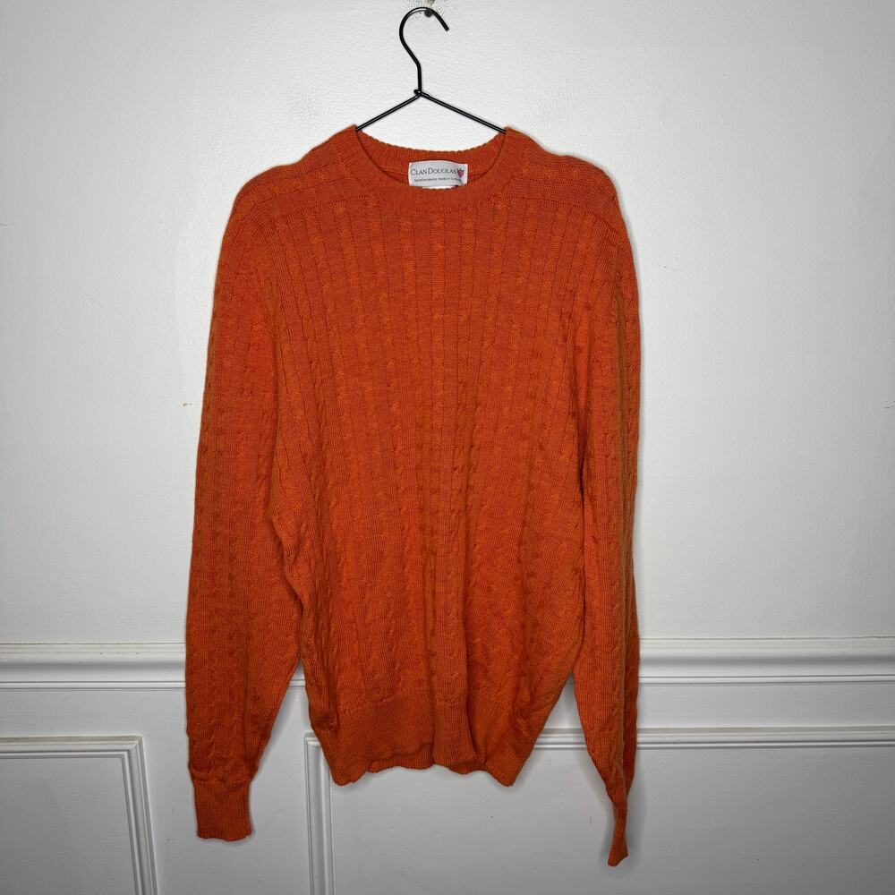 Clan Douglas Mens Medium 100% Merino Wool Orange Cable Knit Crewneck Sweater